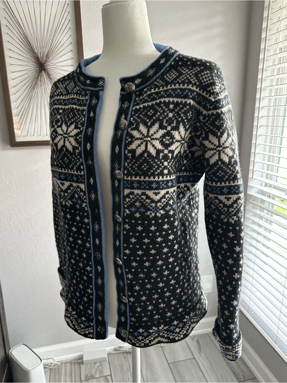 L.L. Bean Black & Cream Nordic Wool Cardigan with Blue Trim